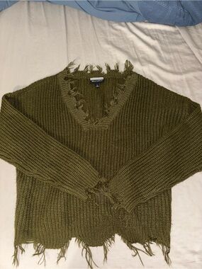 Distressed Olive V-Neck Knit Sweater - Women